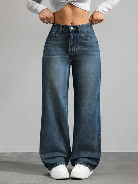 SHEIN ICON Plus Size Women Loose Fit Vintage Wash Pockets Wide Leg Casual Jeans
