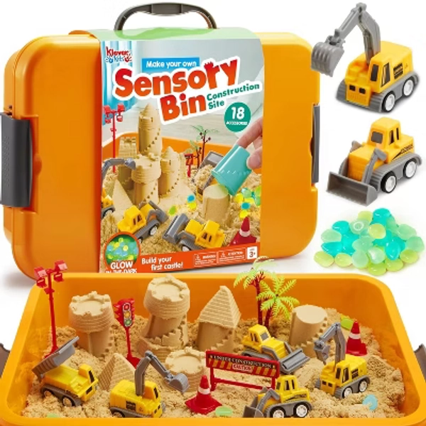 Klever Kits Construction Sensory Bin with Glow-in-The-Dark Stones, Play Sand Toy Learning Activities Gifts for Boys Girls Age 3+