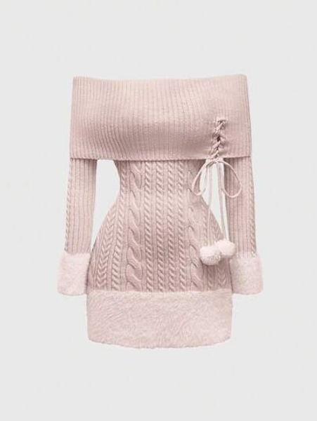 ROMWE Kawaii Off Shoulder Furball Pendant Decorated Fuzzy Patchwork Women's Sweater Dress, Valentine's Day