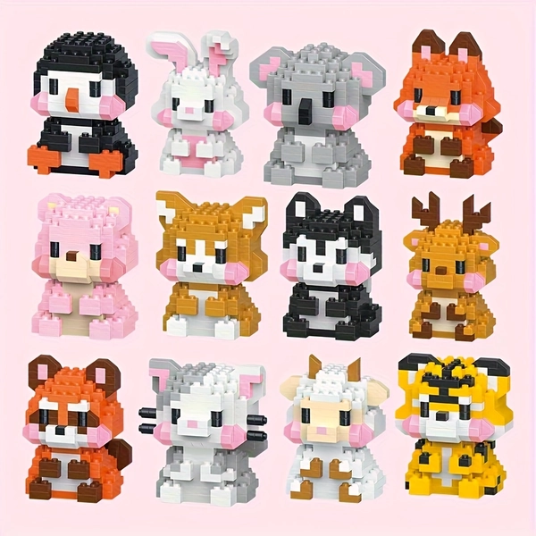 12pcs Mini Animal Building Blocks - Cute Miniature Dog & Cat Models with Tiger, Koala, Reindeer, Husky, Penguin, Fox, Rabbit, Sheep - Educational Suitable for, Birthday & Christmas Gifts