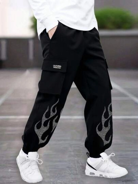 1pc Boys' Flame Print Cargo Pants, Lightweight Casual Trousers With Large Pockets, Elastic Cuffs, Fashionable Outdoor Wear For Older Kids, Spring/Autumn