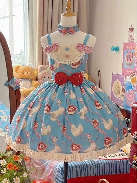 [£56.83]Kitty and Cherry Cake Print Blue Sweet Showa Fashion Lolita Dress