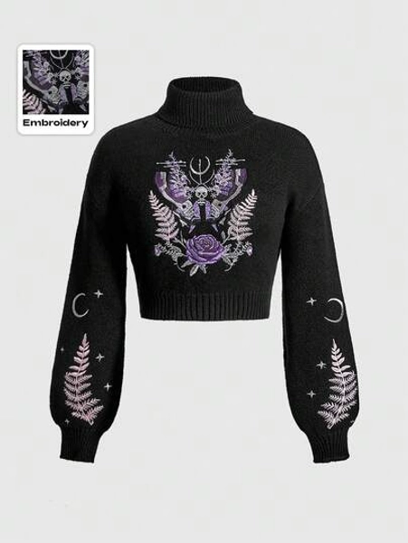 ROMWE Fairycore Fairy-Style Moth, Butterfly, Rose Flower, Plant, Moon & Star Embroidery Women's Turtleneck Sweater