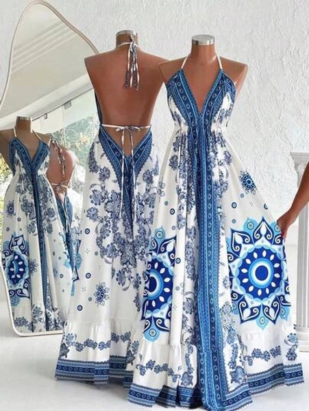 SHEIN Holidaya Women's Blue And White Totem Print Spaghetti Strap Backless Swing Dress,Summer Boho Holiday Vacation Long A-Line Halter Neck Sundress With Ruffle Hem - Size S