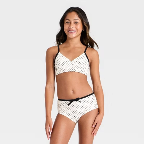 Girls' Polka Dot Two Piece Bikini Swimsuit - art class™ Cream/Black M