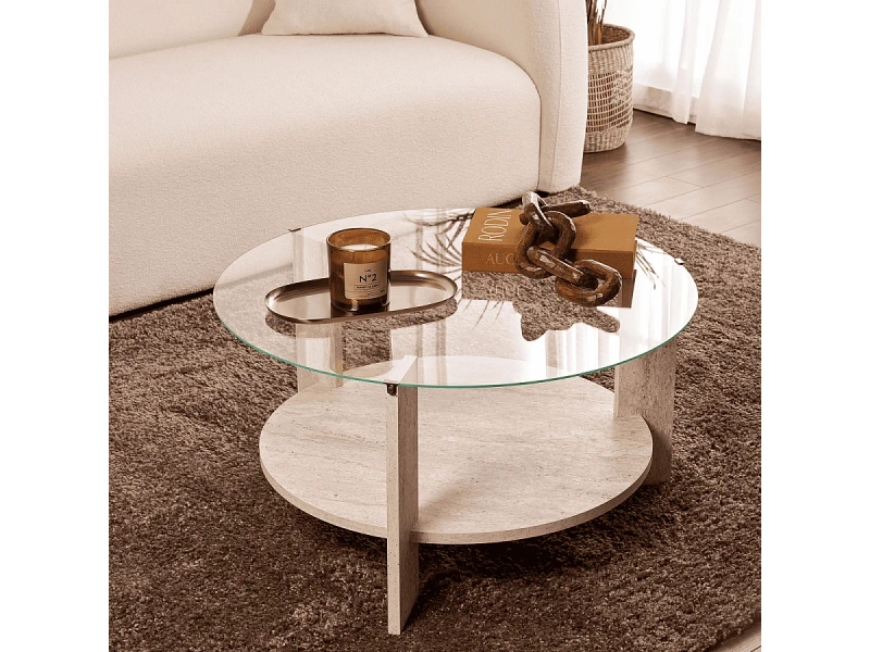 Table basse 2 plateaux dont 1 en verre trempé D75 cm - CLARA