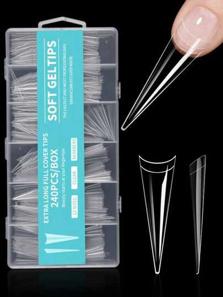 240pcs XXL False Nails Super Long Stiletto Nails Press On Acrylic Nail French Half Cover Matte Gel Tips Nail Art Capsule Fake Tips Manicure Supplies For Women Girls DIY Extension Tools