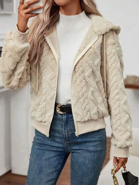 EMERY ROSE Zip Up Drop Shoulder Hooded Teddy Jacket Fall Winter Cloth For Women
