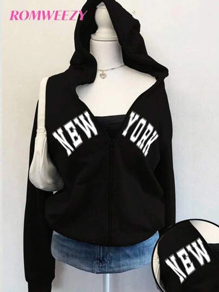 Sweetra Young Autumn/Winter Girls' Hooded Zip-Up Jacket With English Print - Contrast Letter Print Mix Street Style, Warm Knit Fabric Suitable For Autumn/Winter, Slightly Oversized Fit Allows Room For Growth, Energetic Campus & Street Style!