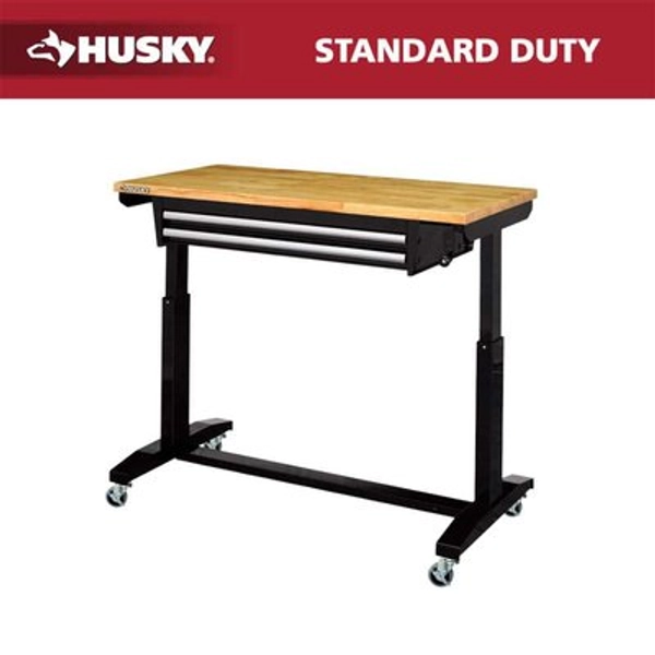 Husky Tool Storage 46 in. W x 24 in. D 2-Drawer Adjustable Height Black Worktable with Solid Wood Top