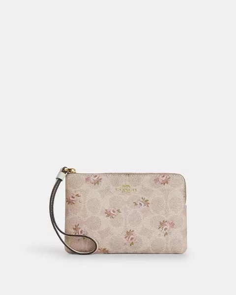 Gold/Sand Multi Corner Zip Wristlet In Signature Canvas With Floral Print
