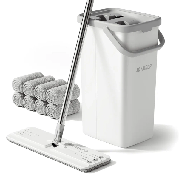 JOYMOOP Flat Squeeze Mop and Bucket Set, with 50" Mop Handle and Grey Microfiber Pads