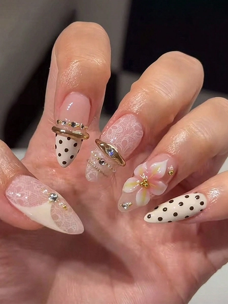 24pcs/Set Medium-Long Almond Shape Polka Dot Lace 3D Pink Flower Rhinestone Press-On Full Coverage Fake Nails With Gold Decor, Includes 1pc Jelly Glue And 1pc Nail File, Coquette Nails