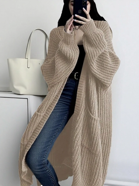 Solid Color Loose Knit Cardigan, Casual Long Sleeve Long Sweater With Pockets, Women Clothing, Long Sleeve Top