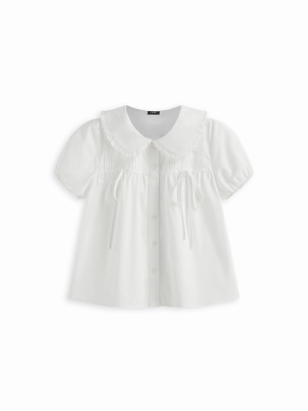 100% Cotton Peter Pan Collar Bowknot Button Blouse