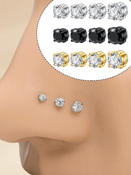 1pair Stainless Steel Fake Nose Rings 4/5/6/7mm Nose Cuff Black Fake Nose Studs For Women Men, Non Piercing Nose Rings Jewelry Cartilage Helix Earrings Studs