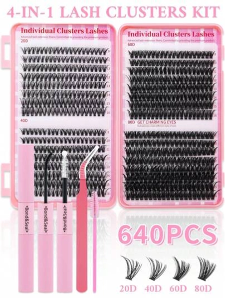 Individual Cluster Lash Book 20D+40D+60D+80D DIY Eyelash Extensions D Curl Long With Bond And Seal Lash Tweezer And Brush DIY Cluster Lash At Home