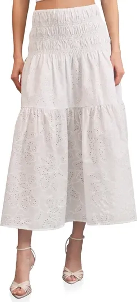 Embroidered Eyelet Smocked Cotton Midi Skirt