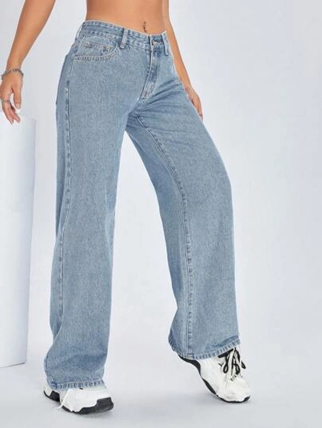 Plain Pocket Casual Versatile Simple Wide Leg Jeans