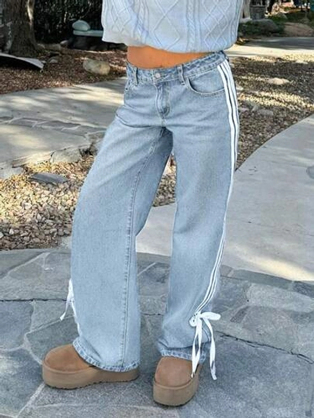 2025 Cross-Border New Products In Stock American Y2k Street Popular Bow Webbing Low-Rise Straight Women's Jeans