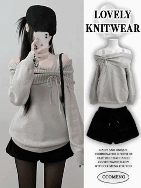 Year-end look for hip shirring ribbon off-shoulder strap box fit knitwear (Delayed delivery)
