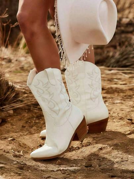 Womens Cowboy Boots Comfortable Retro Pull On Pointed Toe Wide Calf Long Tall Block Chunky Heel Embroidered Boots Outdoor Boots Womens Ankle Boots