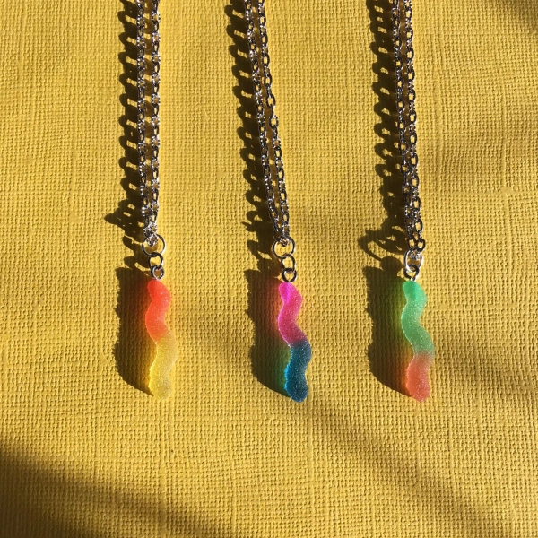 Sour Gummy Worm Pendant Necklace - Silly Lil Guy Quirky Novelty Food Candy Queer Nonbinary