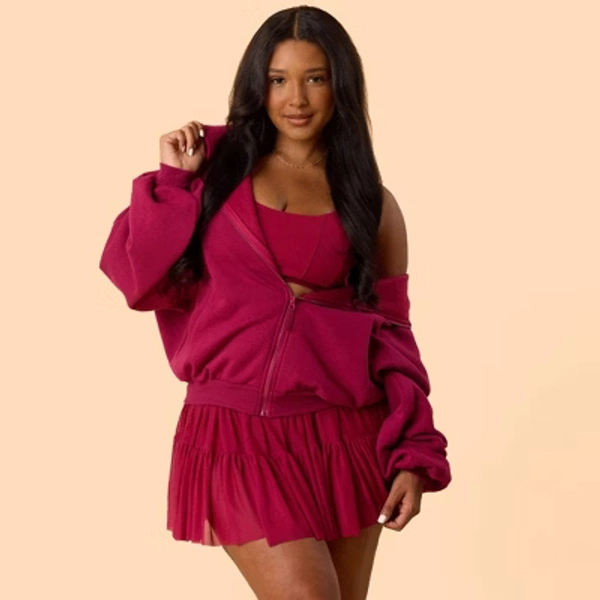 Blogilates Women's Marshmallow Full Zip Hooded Sweatshirt - Burgundy 3X