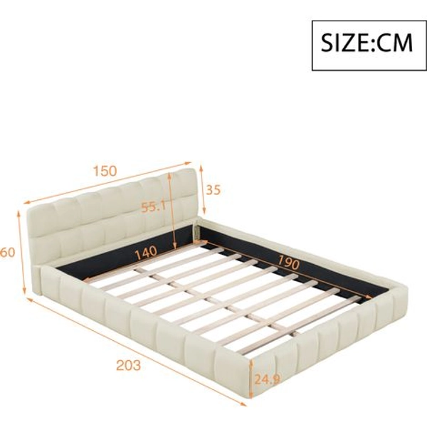 VASIEN –Lit Bubble 140x190 cm, Lit rembourré 140x190 cm, avec dossier moelleux,lit double avec sommier à lattes ,convient aux adultes et adolescents, lin Beige