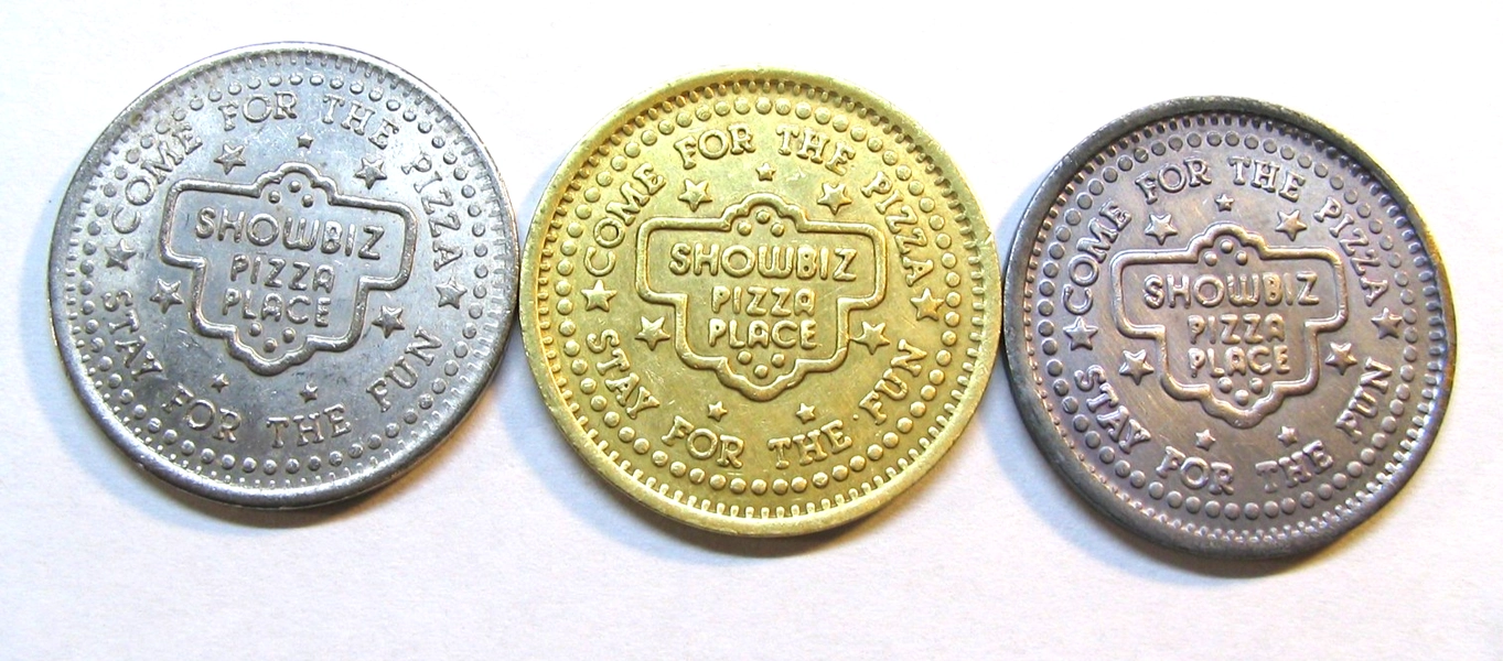 3 -Showbiz Pizza Place Coin Tokens Rare Color Toned Nickle &amp; Brass - 1980's