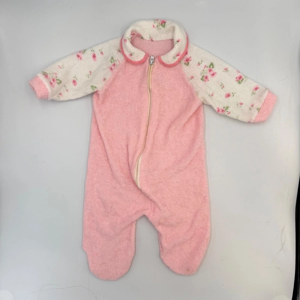 Vtg Pink Floral Footed Baby Sleeper – Zipper Front, Plush, Size 0-3M (Unbranded)