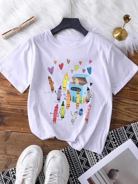 Women's Casual Short Sleeve Round Neck T-Shirt - Colorful Paintbrush Pattern Print, A Gift For Teachers