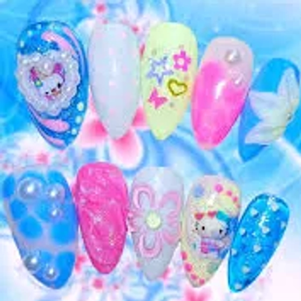 SURF Glitter Summer Beach Floral Hello Kitty 3D Press On Nails