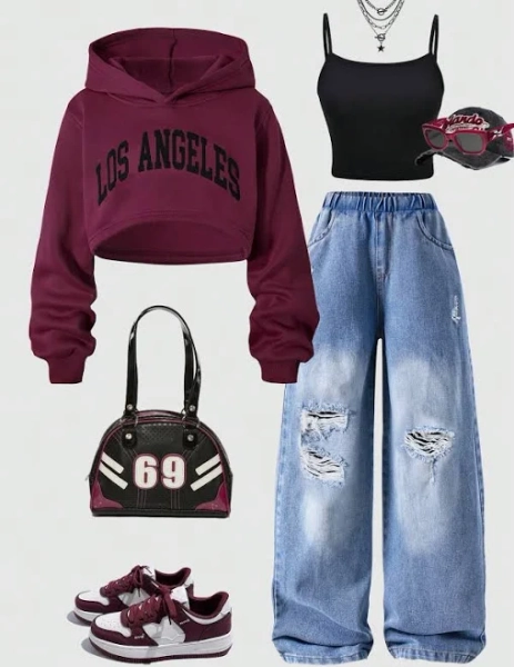 SHEIN Tween City Name Print Cropped Hoodie and Distressed Jeans Set