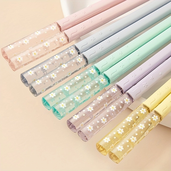 5 Pairs Floral Macaron Color Reusable Chopsticks - Durable PET Material, Decorative Daisy Design for Home & Restaurant Use