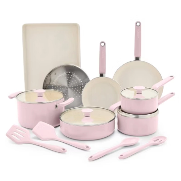 GreenPan Rio Advanced 16pc Ceramic Nonstick Cookware Set Pink