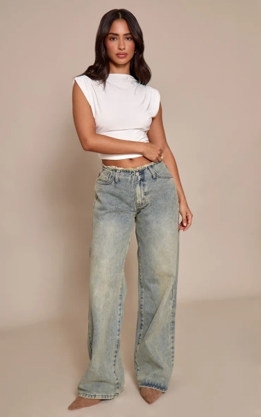 Petite Vintage Wash Fray Waist Low Rise Straight Leg Jeans