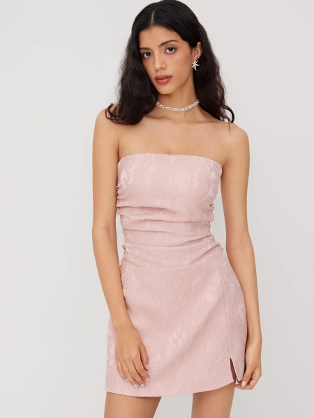 Jacquard Floral Lace Up Ruched Bandeau Mini Dress