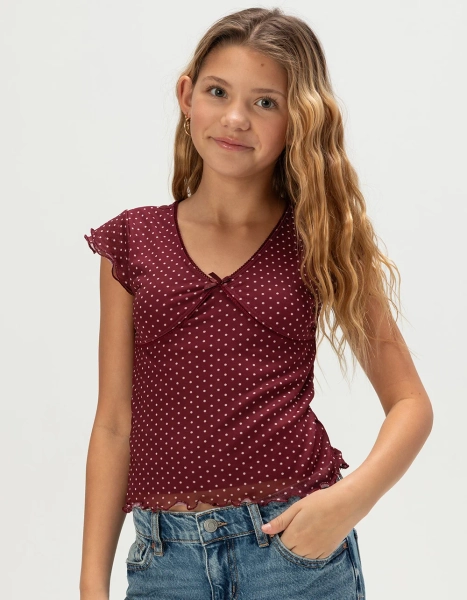 RSQ Girls Polka Dot Mesh Top - BURGUNDY - XS