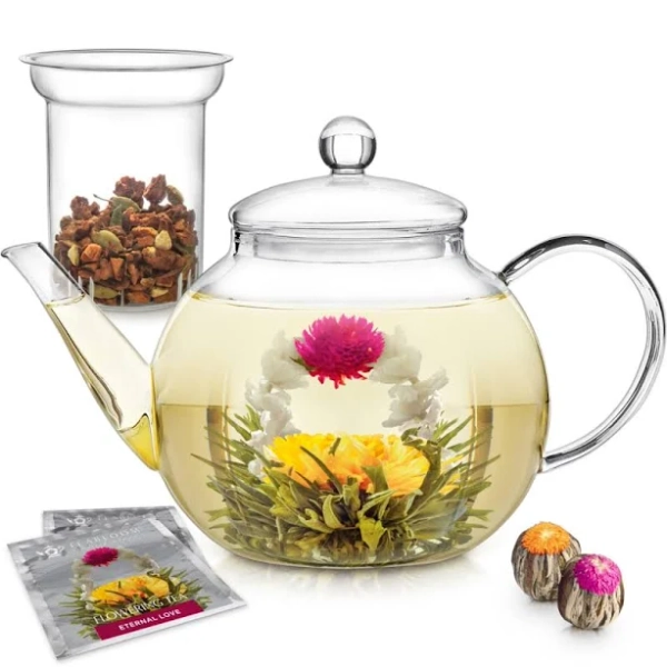 Teabloom Stovetop & Microwave Safe Glass Teapot with Removable Loose Tea Glass Infuser