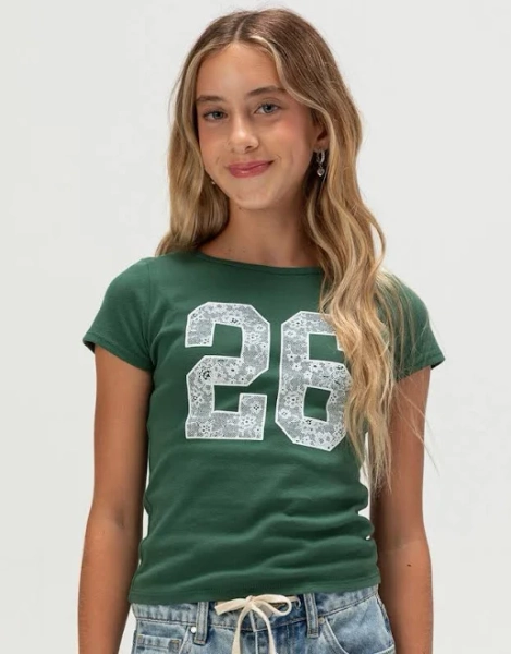 Full Tilt 26 Lace Fill Girls Tee - Green - Size: Small