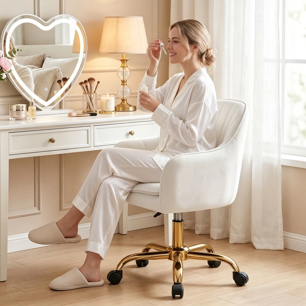 COOLHUT Office Desk Chair with Padded, Velvet Vanity Chair with Back and Wheels, Comfy Home Office Chiar with Gold Legs, Height Adjustable, Rolling Chair for Vanity Room, Makeup Room, Bedroom, Beige - Walmart.com