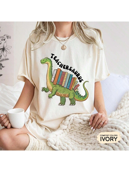 100% Cotton Funny Teacher Shirt Teachersaurus Shirt Kindergarten Teacher Shirt Teacher Dinosaur Shirt Breathable Stylish Print Round Neck Short Sleeve Versatile Slightly Summer Casual Designer Clothes Unisex Graphic For Women Fashion Comfortable Soft Homme Streetwear Stretched Top For Everyday Wear