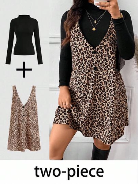 SHEIN Frenchy Women's Plus Size Solid Stand Collar Top And Leopard Print Sleeveless Dress 2 Pieces Set/Winter Leopard Print Dress Cheetah Print Outfit Women Animal Print Clothes Dress With Cardigan Set
