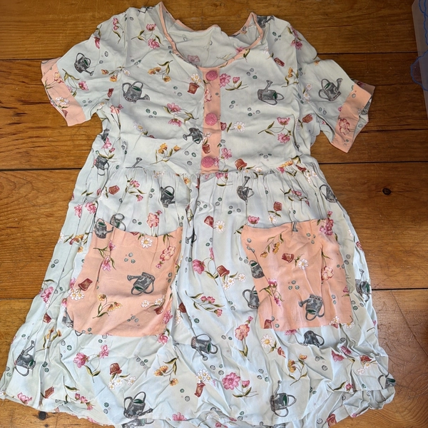 1980's 90's Gardening Print Rayon Baby Doll Dress W/ Pockets, Vintage buttons