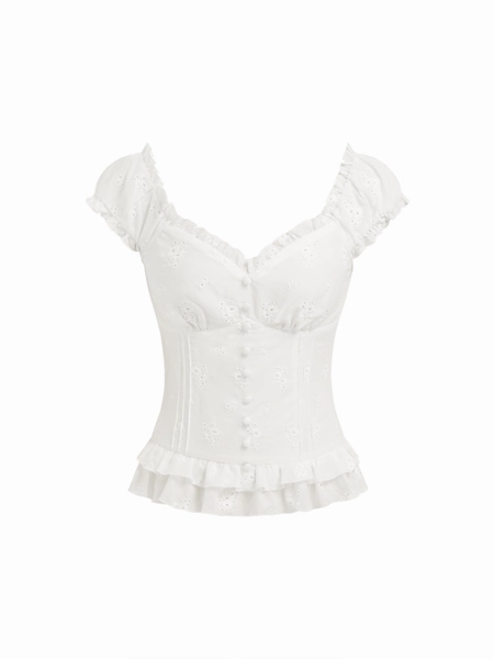 Cotton Embroidery Floral Ruffle Hem Button Blouse