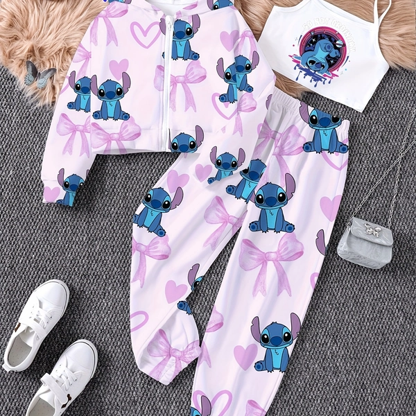 Disney Officially Licensed Autumn And Winter Girls' Stitch Cartoon Printed Hoodie Cardigan + Sleeveless Vest + Pants Set - Made from Soft And Breathable Fabric, Featuring a Casual Sporty School Style, Making It an Ideal Gift for Girls That Won'T Irritate The Skin.