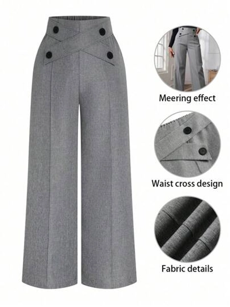 Calvaya Plus Size Women Button Decorated Waist Crossed Front Seam Long Wide Leg Casual Pants Fall Cloth For Women