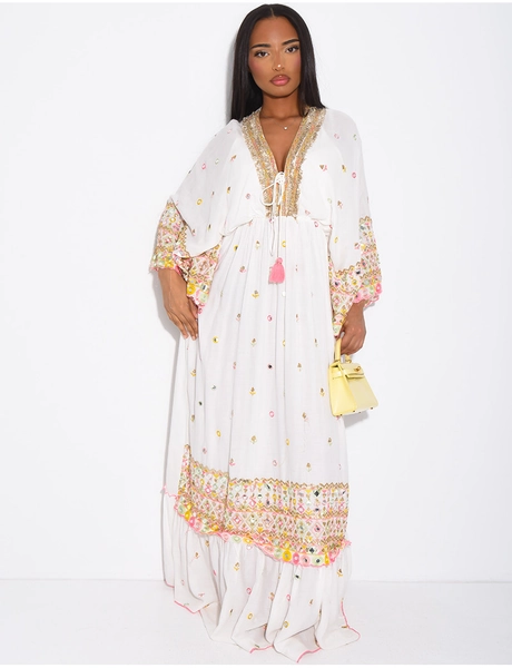 Long bohemian dress with embroidery and beads