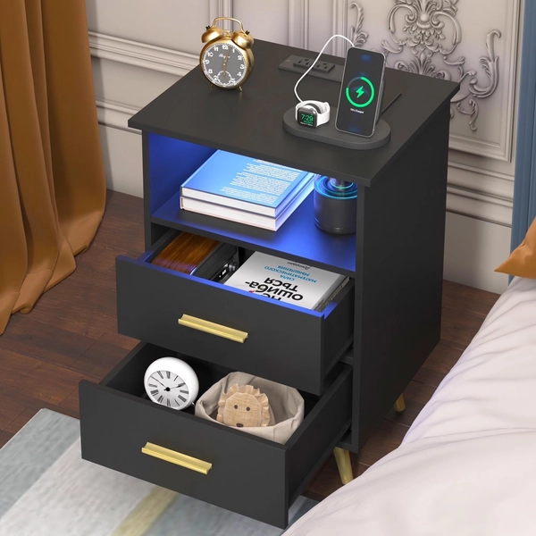 UHOMEPRO Black Nightstand with Charging Station, Bedside Table with LED Lights Strips, Modern End Side Table, Versatile Nightstand with Drawers, Side Table for Home and Office - Walmart.com